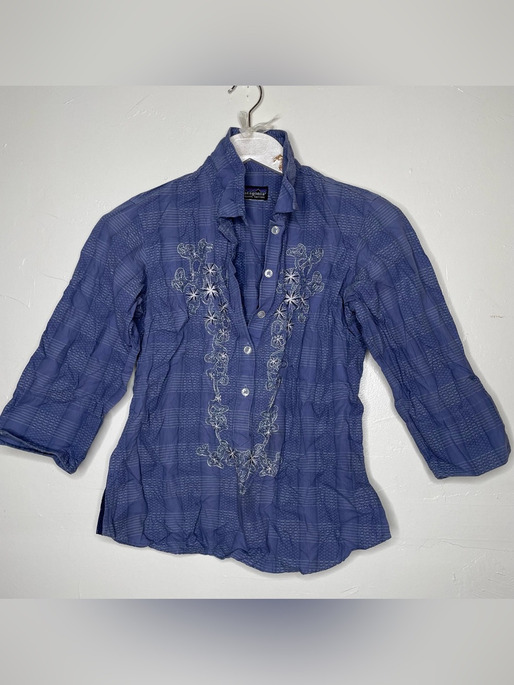 PATAGONIA WOMENS BLUE FLORAL 3/4 LENGTH BLOUSE SZ SMALL